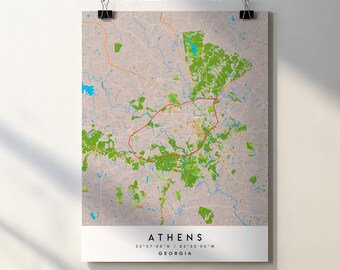 Póster impreso del mapa de la ciudad de Atenas, Georgia, con nombres de calles (descarga digital)