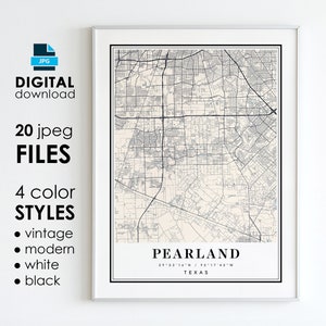 Pearland Texas Map Art Print: Modern, Vintage, Black, White (Digital Download)