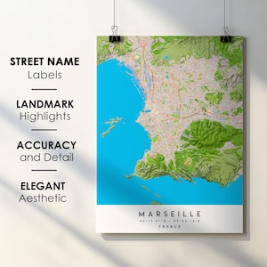 Mapa da cidade de Marselha, França, pôster com nome de rua - Mapa da Europa - Download digital instantâneo do mapa para impressão