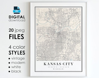 Impresión artística del mapa de Kansas City, MO: vintage, moderno, negro y blanco (descarga digital)