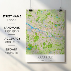 Póster impreso con mapa de la ciudad de Glasgow, Reino Unido, con nombre de calle - Mapa de Europa - Descarga digital instantánea - Mapa imprimible