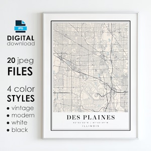 DES PLAINES IL carte-art numérique imprimable-des Plaines Illinois ville affiche carte-téléchargement numérique instantané
