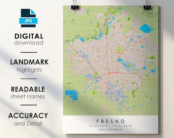 Fresno CA City Map Print Poster with Street Names (Digital Download)