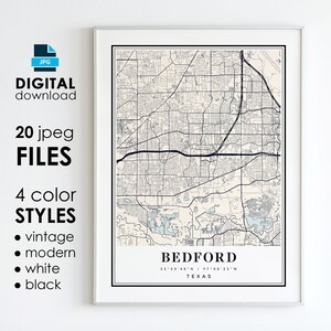 BEDFORD TX Map - Printable Digital Art - Bedford Texas City Poster Map - Digital Instant Download