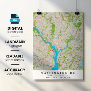 Affiche impression carte de la ville de Washington DC avec le nom de la rue en téléchargement numérique instantané, carte imprimable du district de Washington DC