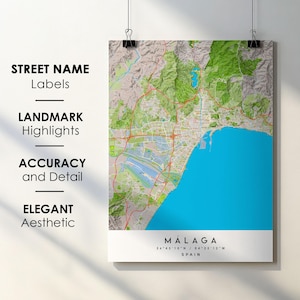Málaga Spanien Stadt Karte Print Poster Kunst mit Straßenname - Karte von Europa - Sofortiger digitaler Download druckbare Karte
