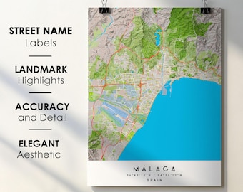 Málaga Spain City Map Art Print: Detailed Streets (Digital Download)