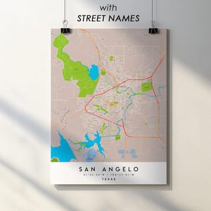 Impresión del mapa de la ciudad de San Angelo, Texas: Arte con nombres de calles (descarga digital)