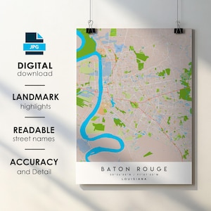 Baton Rouge LA City Map Print Poster with Street Name Instant Digital Download, Baton Rouge Louisiana Printable Map