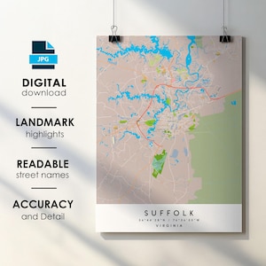 Suffolk VA City Map Print Poster with Street Name Instant Digital Download, Suffolk Virginia Printable Map