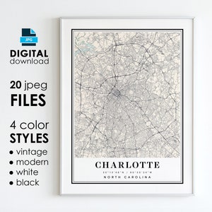 CHARLOTTE NC carte - art numérique imprimable - carte affiche de la ville de Charlotte en Caroline du Nord - téléchargement numérique instantané