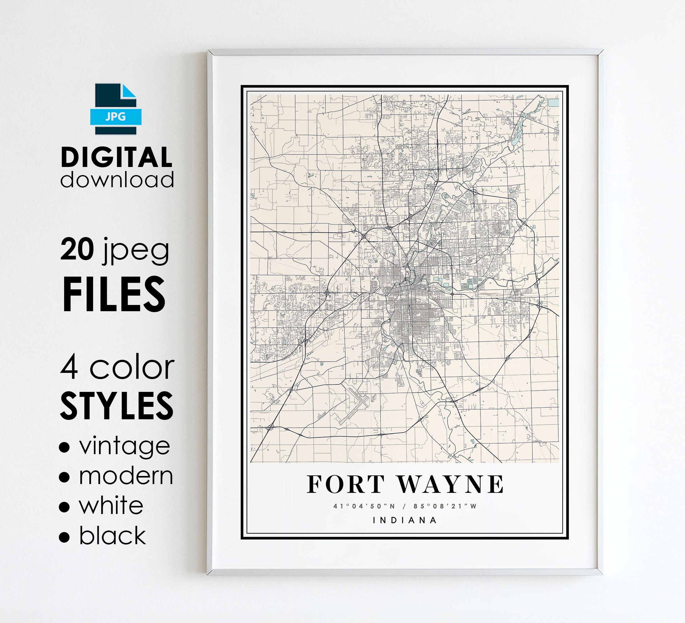 FORT WAYNE IN Map - Printable Digital Art - Fort Wayne Indiana City Poster Map - Digital Instant Download