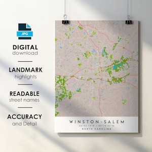 Winston-Salem NC City Map Print Poster with Street Name Instant Digital Download, Winston-Salem North Carolina Printable Map