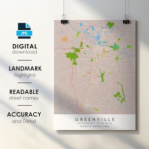 Greenville NC City Map Print Poster with Street Name Instant Digital Download, Greenville North Carolina Printable Map