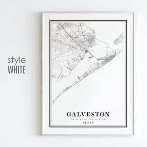 Pode incluir: Impress&atilde;o de mapa em preto e branco de Galveston, Texas. O mapa mostra as ruas e a costa da cidade. O texto "GALVESTON 29&deg;16'52"N / 94&deg;49'33"W TEXAS" est&aacute; impresso abaixo do mapa.