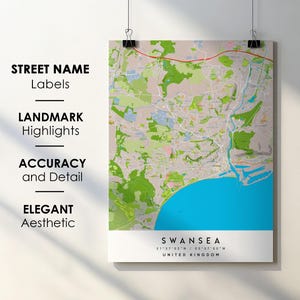 Swansea United Kingdom City Map Print Poster Art with Street Name - Map of Europe - Instant Digital Download Printable Map
