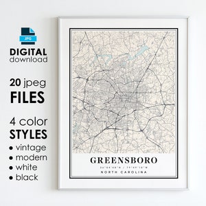 GREENSBORO NC Map - Printable Digital Art - Greensboro North Carolina City Poster Map - Digital Instant Download