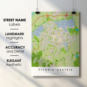 Póster impreso con mapa de la ciudad de Vitoria-Gasteiz, España, con nombre de calle - Mapa de Europa - Descarga digital instantánea - Mapa imprimible