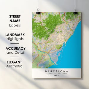 Póster impreso con mapa de la ciudad de Barcelona, España, con nombre de calle - Mapa de Europa - Descarga digital instantánea - Mapa imprimible