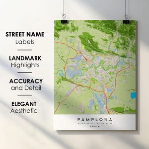 Póster impreso con mapa de la ciudad de Pamplona, España, con nombre de calle - Mapa de Europa - Descarga digital instantánea - Mapa imprimible