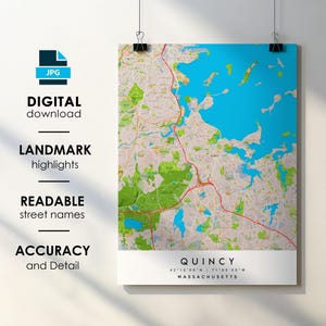 Quincy MA City Map Print Poster with Street Name Instant Digital Download, Quincy Massachusetts Printable Map