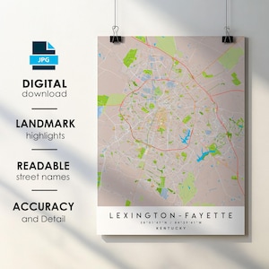 Lexington-Fayette KY City Map Print Poster mit Straßenname Sofortiger digitaler Download, Lexington-Fayette Kentucky druckbare Karte