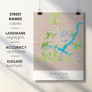 Mappa della città di Decatur, Illinois, stampabile, poster con nome della strada, download digitale istantaneo, mappa stampabile di Decatur, Illinois