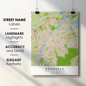 Carte de la ville de Bruxelles Belgique impression affiche d'art avec nom de rue - carte de l'Europe - carte imprimable en téléchargement numérique instantané