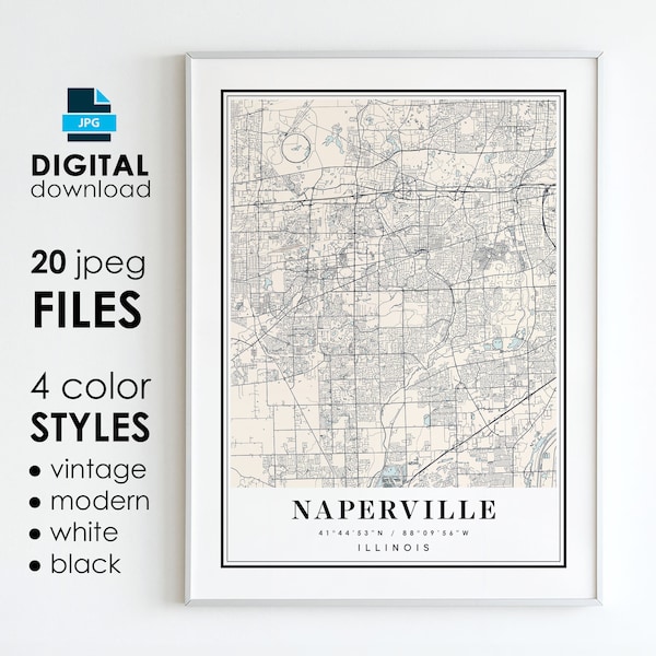 NAPERVILLE IL Map - Printable Digital Art - Naperville Illinois City Poster Map - Digital Instant Download