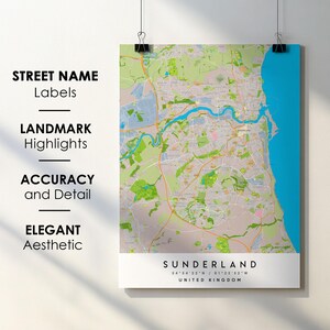Sunderland Verenigd Koninkrijk stadskaart afdrukken poster kunst met straatnaam - kaart van Europa - afdrukbare kaart instant digitale download downloaden