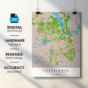 Tuscaloosa AL Stadt Karte Print Poster mit Straßenname Sofortiger digitaler Download, Tuscaloosa, Alabama druckbare Karte