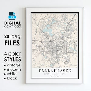 TALLAHASSEE FL kaart - afdrukbare digitale kunst - Tallahassee Florida City Poster kaart - digitale Instant Download