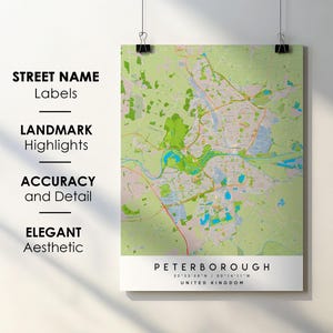 Póster impreso con mapa de la ciudad de Peterborough, Reino Unido, con nombre de calle - Mapa de Europa - Descarga digital instantánea - Mapa imprimible