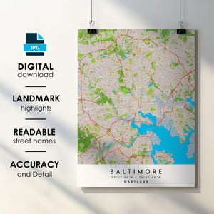 Baltimore MD City Map Print Poster with Street Name Instant Digital Download, Baltimore Maryland Printable Map