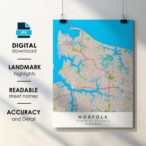 Norfolk VA City Map Print Poster with Street Name Instant Digital Download, Norfolk Virginia Printable Map