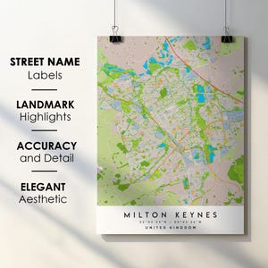Póster impreso con mapa de la ciudad de Milton Keynes, Reino Unido, con nombre de calle - Mapa de Europa - Descarga digital instantánea - Mapa imprimible