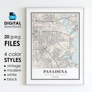 Carte de PASADENA, Texas, impression d'art numérique, affiche de carte de la ville de Pasadena, au Texas, téléchargement numérique immédiat