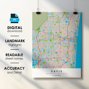 Davie FL-stadskaart print poster met straatnaam instant digitale download, Davie Florida afdrukbare kaart