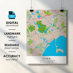 Lynn Massachusetts City Map Print with Street Names (Digital Download)