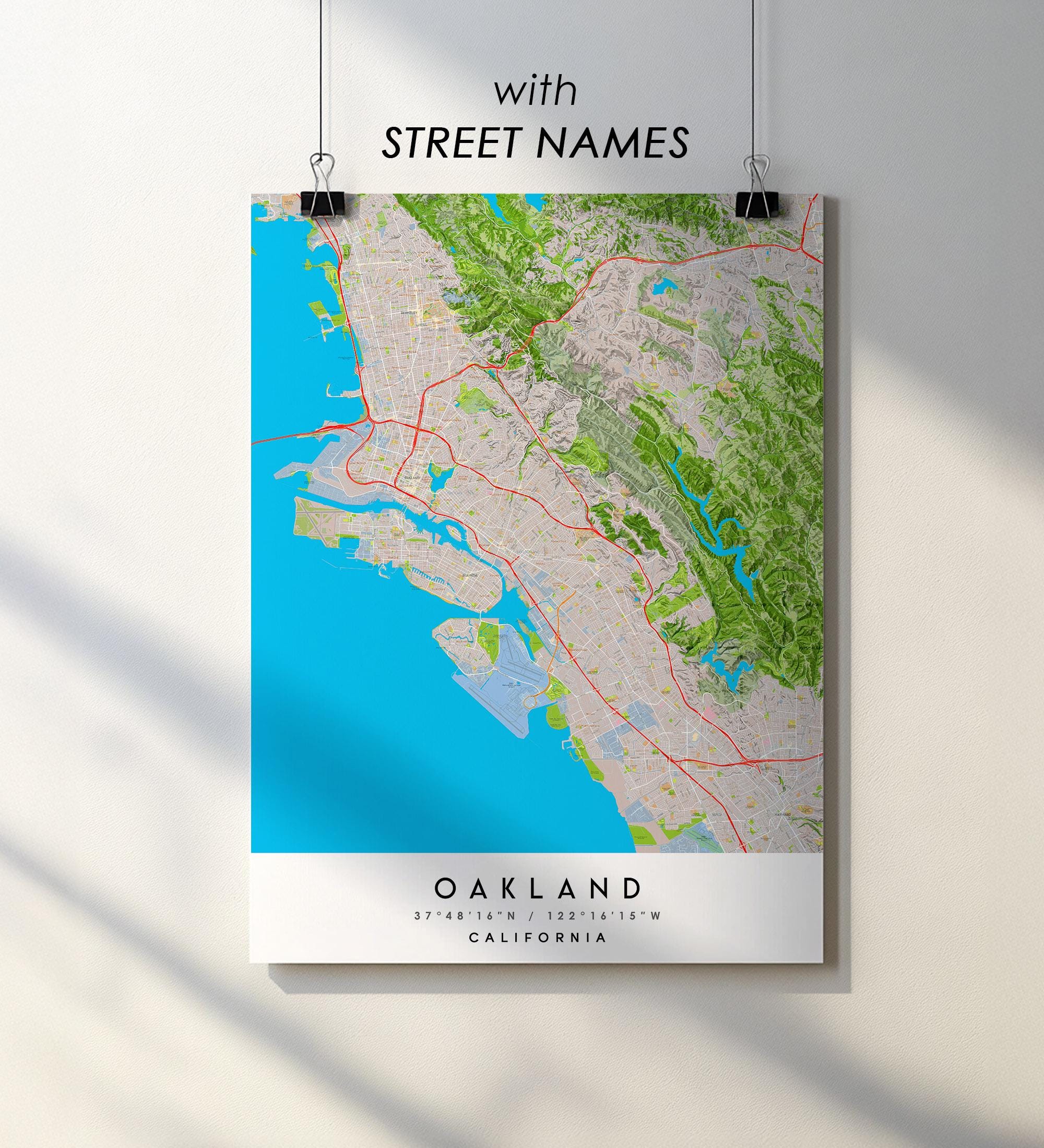オークランド（カリフォルニア州）市街地図プリントポスター（通り名