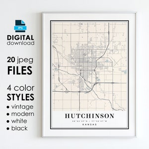 HUTCHINSON KS Map - Printable Digital Art - Hutchinson Kansas City Poster Map - Digital Instant Download