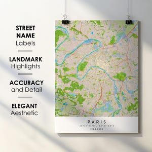 パリ フランス市街地図プリントポスターアート（通り名入り） - ヨーロッパ地図 - インスタントデジタルダウンロード印刷可能地図