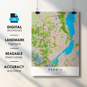 Mappa della città di Peoria, Illinois, stampabile, poster con nome della strada, download digitale istantaneo, mappa stampabile di Peoria, Illinois
