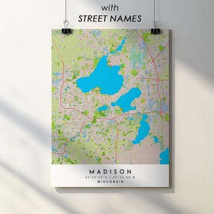 Póster impreso del mapa de la ciudad de Madison, WI, con nombres de calles (descarga digital)
