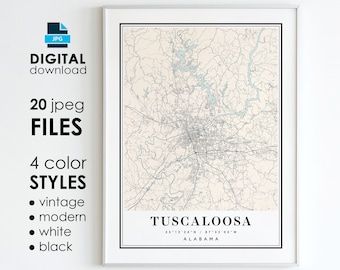 Tuscaloosa Alabama Map Art Print: Modern, Vintage, Black, White (Digital Download)