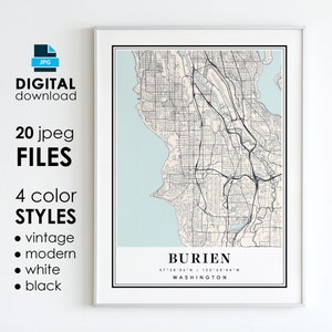 BURIEN WA kaart - afdrukbare digitale kunst - Burien Washington City Poster kaart - digitale Instant Download