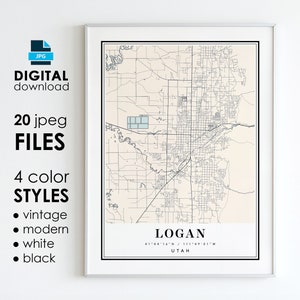 May include: A printable map of Logan, Utah, in four color styles: vintage, modern, white, and black. The map shows the city's streets and landmarks. The map is available as a digital download in 20 jpeg files.