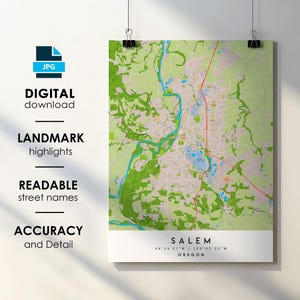Salem OR City Map Print Poster with Street Name Instant Digital Download, Salem Oregon Printable Map