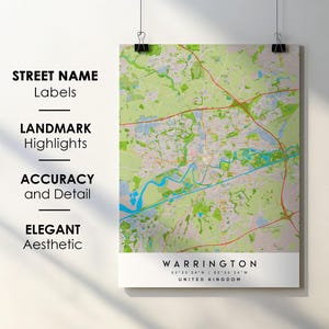 Póster impreso con mapa de la ciudad de Warrington, Reino Unido, con nombre de calle - Mapa de Europa - Descarga digital instantánea - Mapa imprimible