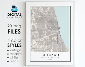 Chicago Illinois Map Art Print: Modern, Vintage, Black, White (Digital Download)